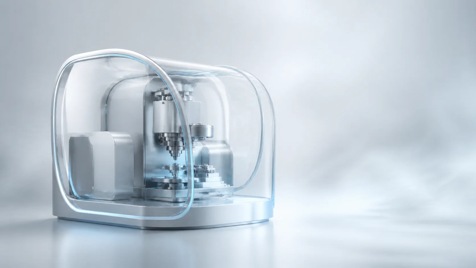 Fictional transparent curved machine enclosure in a pale studio